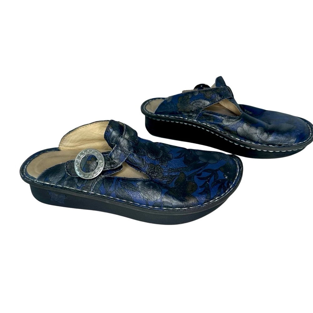 Alegria by PGlite | Blue & Black Floral Leather Slip-On Clogs | Size 37